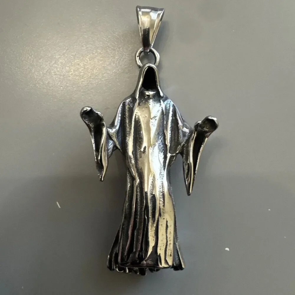 Grim Reaper Pendant Dark Metal Tone Stainless Steel 24” Chain Gothic Punk Monk